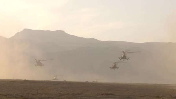 Una Unidad Combate Helicópteros Militares Sobrevuela Desierto Aterriza Las Montañas — Vídeo de stock