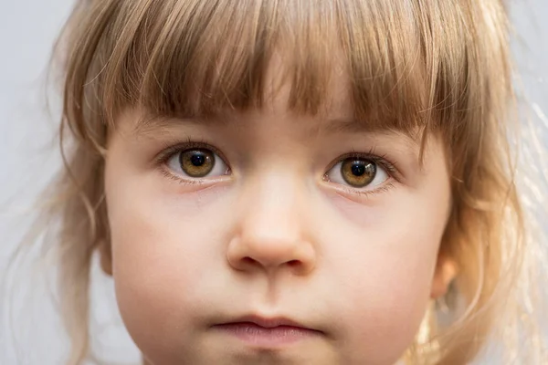 Retrato Emocional Uma Menina Anos Com Rabos Cavalo Cabeça Contra — Fotografia de Stock