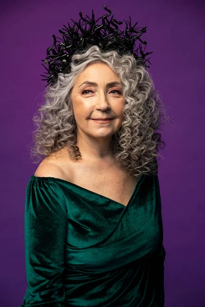 Elderly Gray Haired Elegant Woman Years Old Colored Background Curly — Stock Photo, Image