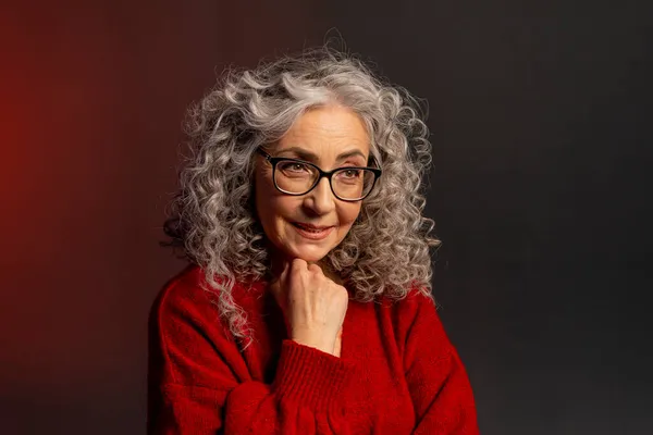 Studio Portrait Smiling Elderly Woman Years Old Glasses Gray Curly — Stock Photo, Image