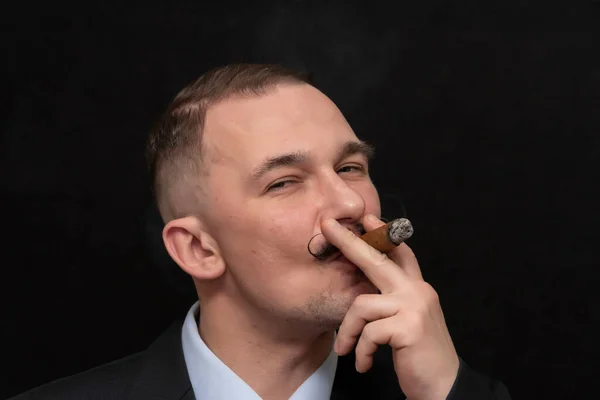 Portrait Stylish Year Old Man Smoking Thick Cigar Curled Mustache — Stock Photo, Image