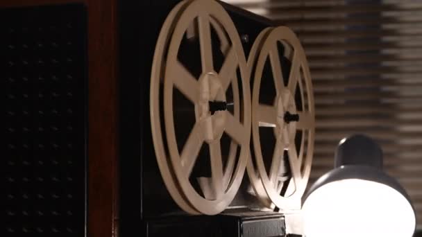 Reel Reel Tape Recorder Coils Spin Background Window Shutters Table — Stock Video