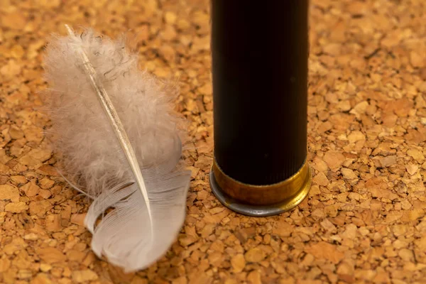 Hunting cartridge with a bird\'s feather on a textured background, close-up, selective focus. Concept: bird hunting, ammunition for hunting.