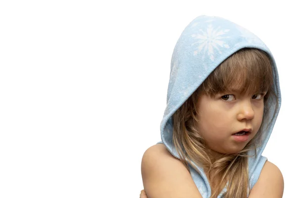 Emotional Portrait Beautiful Little Girl Blue Hoodie White Background Isolate Stock Picture