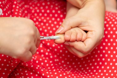 Anne çocuğun ayak tırnaklarını makasla kesiyor, yakın plan, seçici odaklanma..