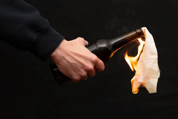 Molotov Cocktail Ignited Lighter Dark Background Close Selective Focus Concept — Stock Photo, Image