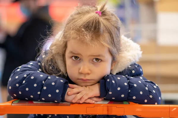 一个四岁的女孩坐在一家商店的购物车里 悲伤地看着摄像机 乌克兰难民 援助战争受害者 — 图库照片
