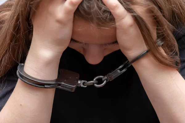 Young Girl Handcuffed Gray Background Close Juvenile Delinquent Black Shirt — ストック写真