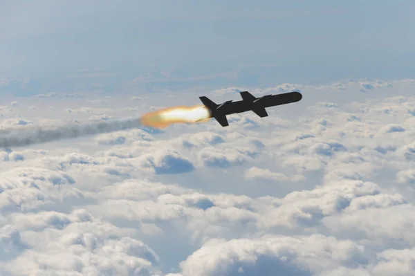 A combat rocket is flying above the clouds, smoke and fire from the rocket. Concept: missile attack, air attack, war between Russia and Ukraine.