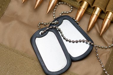 Ordu kimlik madalyonları, fişekli sancaktarlar, konsept: askeri özel operasyon, savaşta keskin nişancılık, savaşın finansmanı, paralı askerlik faaliyetleri, savaş suçları.