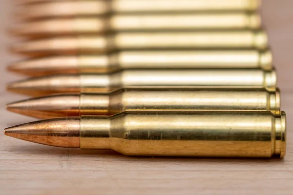 Row Cartridges Caliber Bullets Kalashnikov Assault Rifle Textured Background Close — Stock fotografie