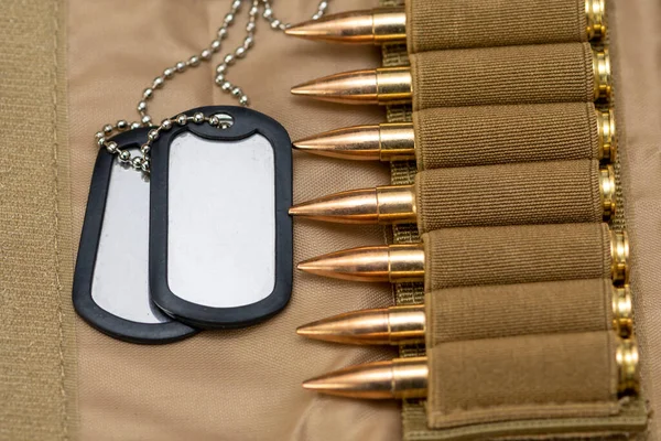 Ordu kimlik madalyonları, fişekli sancaktarlar, konsept: askeri özel operasyon, savaşta keskin nişancılık, savaşın finansmanı, paralı askerlik faaliyetleri, savaş suçları.