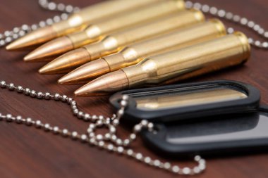 Canlı askeri kartuşlar ve ahşap bir arka planda ordu kimlik izleri. Kavram: Orduda suç, orduda hizmet, kavga, savaş suçu.