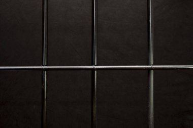 Karanlık bir arka planda ön duruşma hücresinin ızgarası. Kavram: Mahkeme oturumu, jüri duruşması, ceza.