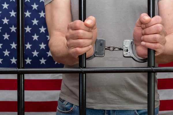 Man Handcuffed Cell Bars Background American Flag Concept Prisoner Courtroom — Stok fotoğraf