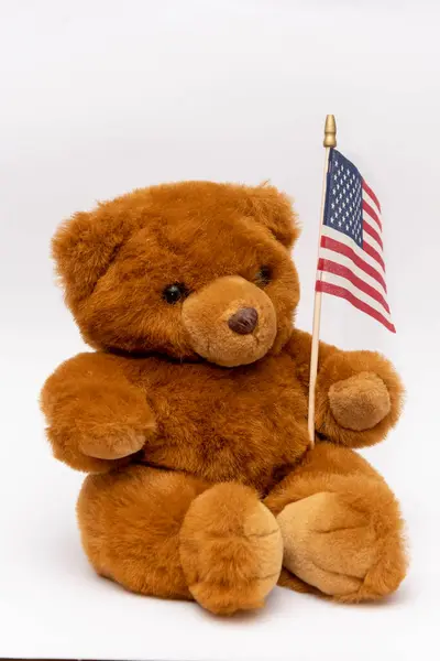 Brauner Teddybär Mit Amerikanischer Flagge Auf Weißem Hintergrund Isoliert — Stockfoto