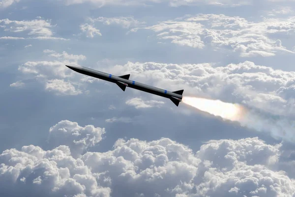 Une Fusée Combat Vole Dessus Des Nuages Fumée Feu Fusée — Photo