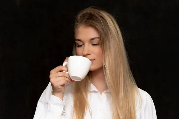 Beautiful Blonde Years Old Long Shirt Drinks White Cup Black — Photo