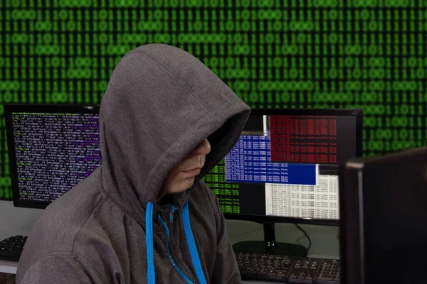 Hacker Sits Computer Monitors Abstract Background Attacking Hacking Servers Virus — 图库照片