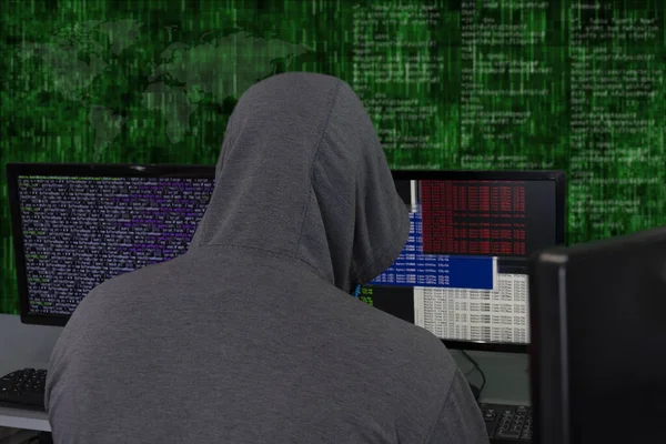 Hacker Sits Computer Monitors Abstract Background Attacking Hacking Servers Virus — Fotografia de Stock