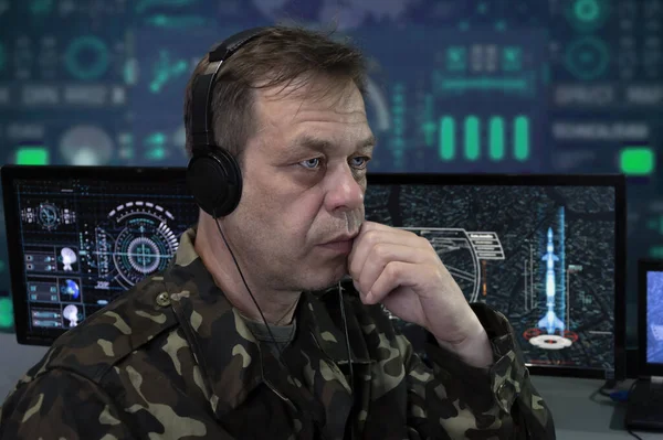 Elderly Military Man Headphones Looks Monitor Concept Rocket Launch Human — Photo