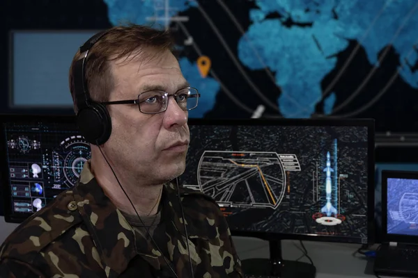 Emotional Portrait Military Specialist Headphones Computer Monitors Concept Rocket Launch — Photo