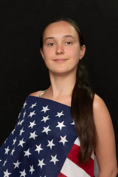 Portrait Teenage Girl American Flag Black Background Concept Independence Day — 스톡 사진