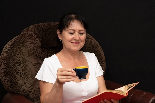 Portrait Elderly Woman Years Old Sitting Chair Reading Book Holding — Photo