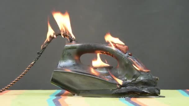 Electric Iron Ironing Board Burns Fire Sparkles Concept Short Circuit — Stock Video