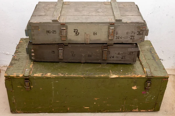 Stack Old Wooden Military Green Boxes Ammunition Soviet Army — Foto de Stock