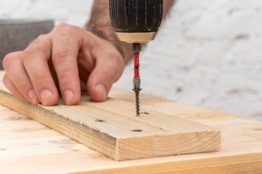 Close-up of electric screwdriver in hand, the screw is screwed into a new wooden board. Concept: home improvement, furniture repair with your own hands.