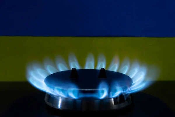 The gas burner burns with a blue flame against the background of the Ukrainian flag, selective focus. Concept: gas heating in Ukraine, increased prices for gas and electric carriers.