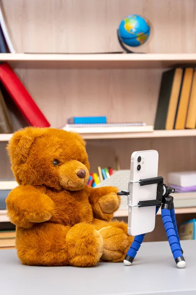 A toy teddy bear communicating on a smartphone sitting on a table on a neutral background in the room. Concept: communication via the Internet, a remote press conference.