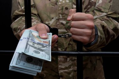 Kamuflajlı bir ordu subayı parmaklıklar arkasından 100 dolarlık banknotlar tutuyor. Yakın plan, seçici odaklanma. Kavram: rüşvet, askerlere ve yetkililere rüşvet.