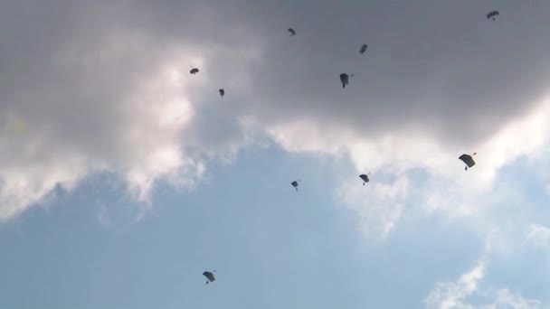 Group Military Parachutists Descend Parachute Background Blue Sky Clouds Concept — Stock Video
