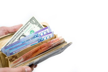 onge, dolar, ruble. Cüzdanı farklı banknotlarla aç..
