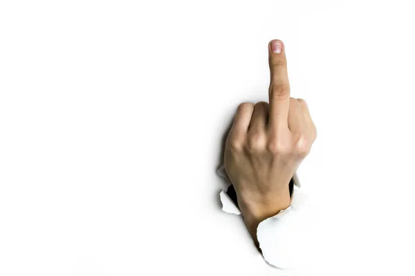 Finger hand symbols concept middle finger sign in a gesture meaning fuck you or fuck off isolated on white — Stock Fotó
