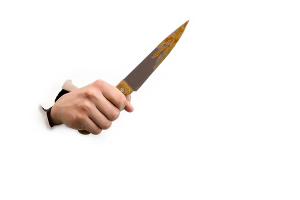 In his hand is a knife on a white background, a maniac, a criminal. — Stock Photo, Image