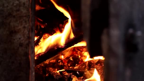 Fuego en el horno para la calefacción, la puerta está cerrada para retener el calor. — Vídeos de Stock