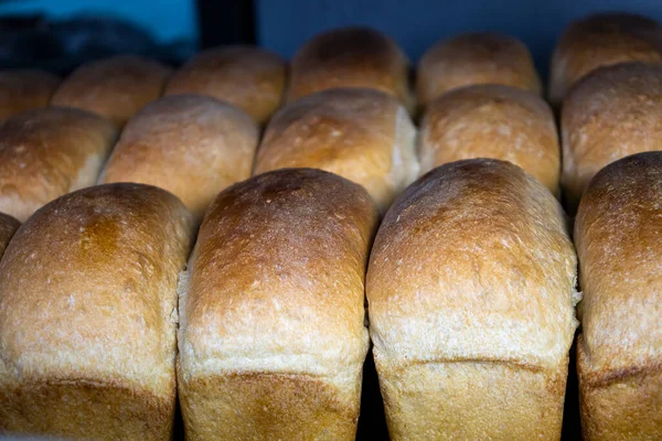 Fırındaki tepsilere taze taze ekmek konur..