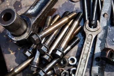 Close up shot of bolt fasteners made of metal. High quality photo