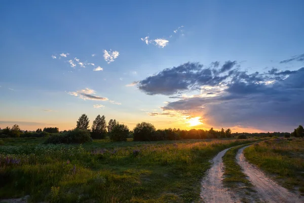 Paisagem rural panorâmica com estrada de terra rural ao pôr do sol na Rússia. Verão belo pôr do sol nos prados com uma estrada rural. Fotografia De Stock