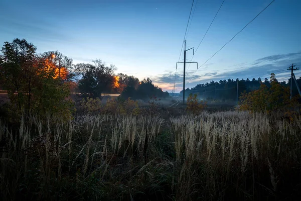 Mañana brumosa en un campo. Silencio, amanecer de otoño sobre el campo. Hermoso paisaje. Primeros rayos soleados. —  Fotos de Stock