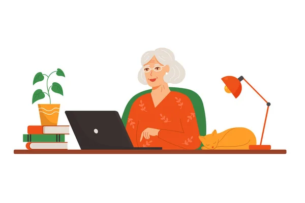 快乐的老年妇女在家里的笔记本电脑上工作 技术和老年人的概念 平面矢量图解 免版税图库矢量图片