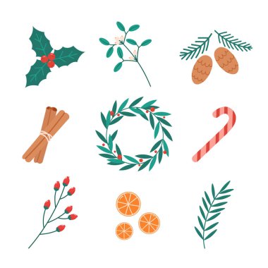 Kart, davetiye, web, afiş tasarımı için şirin noel unsurları kümesi.