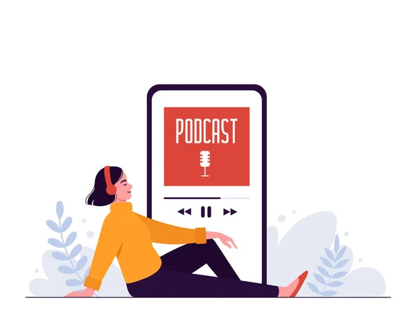 Mutlu kadın akıllı telefonunun arka planında kulaklık olan bir podcast dinliyor. Podcast konsepti