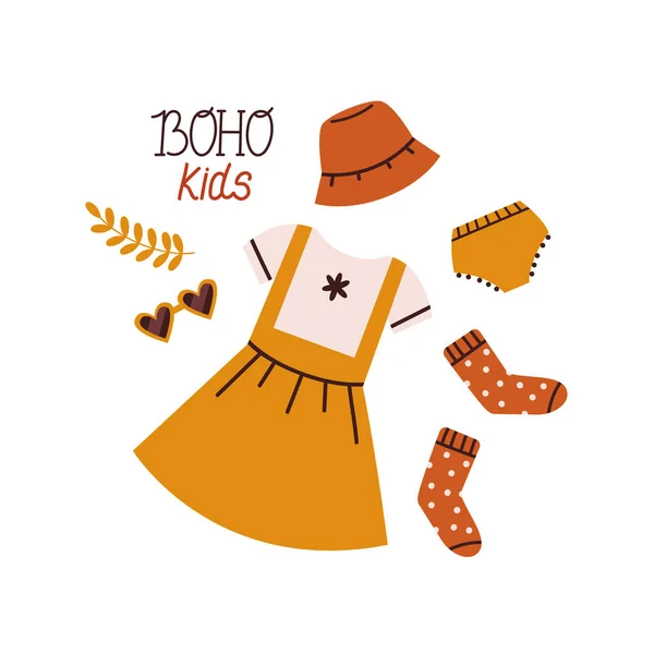 Vector boho elbise, gözlük, çorap. Boho 'lu çocuklara mektup yazmak. Vektör düz resimleme.