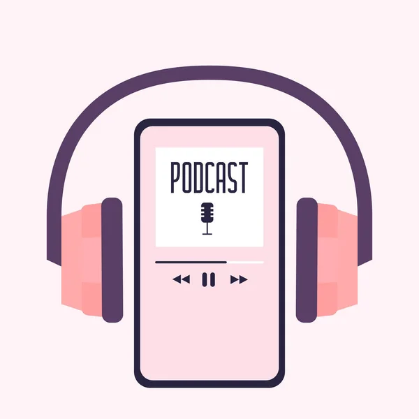 Podcast konsepti. Kulaklıklı telefon. Düz vektör illüstrasyonu