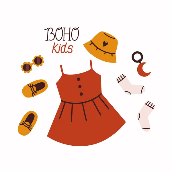 Çoraplı, gözlüklü ve ayakkabılı şirin bir boho elbisesi var. Boho 'lu çocuklara mektup yazmak. Vektör düz resimleme.
