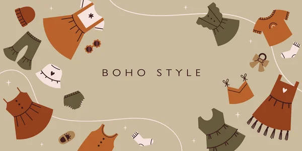 Bebek boho kıyafetleriyle vektör geçmişi. Yazıt boho stili. Düz vektör illüstrasyonu.